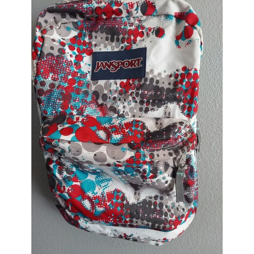 Jansport White Backpack with Red, Gray and Teal Graphic Print